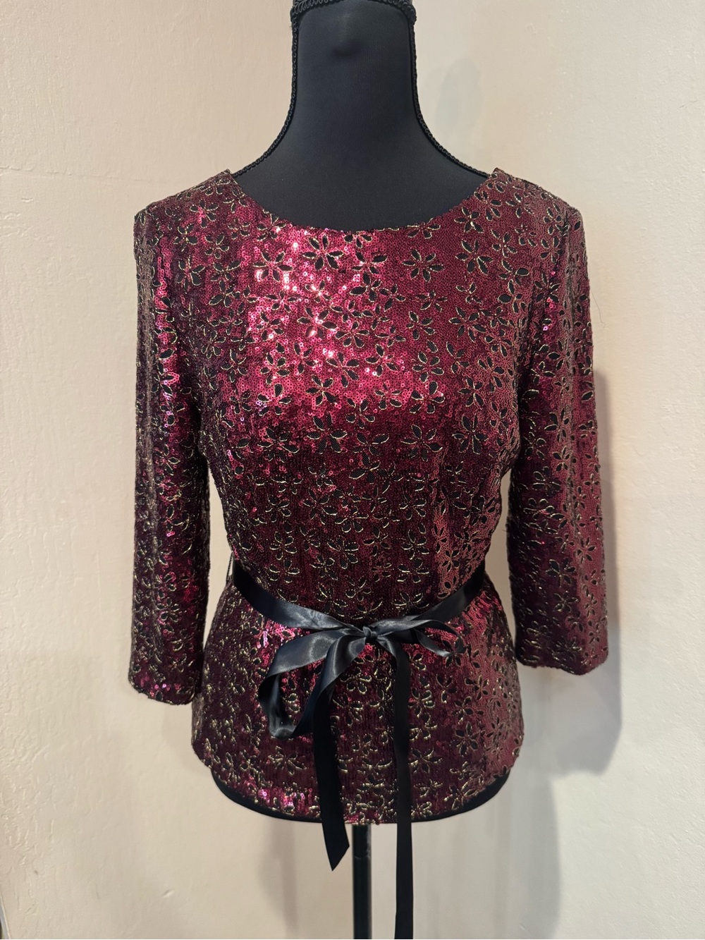 Alex Evenings Metallic Wine Floral Sequin Top with Satin Waist Tie